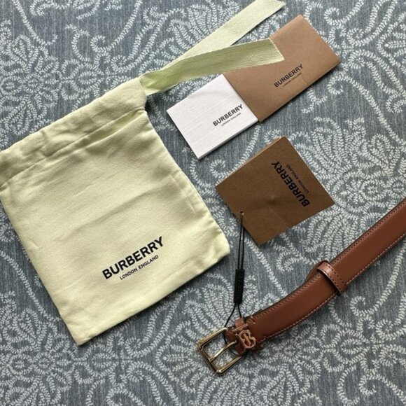 BURBERRY BELT LEATHER BROWN TAN TB THOMAS BURBERRY MONOGRAM LOGO WOMENS SZ LARGE - Picture 7 of 8
